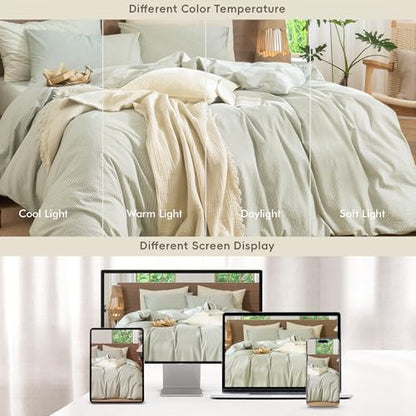 MooMee Striped Duvet Cover Set 100% Washed Cotton Linen Like