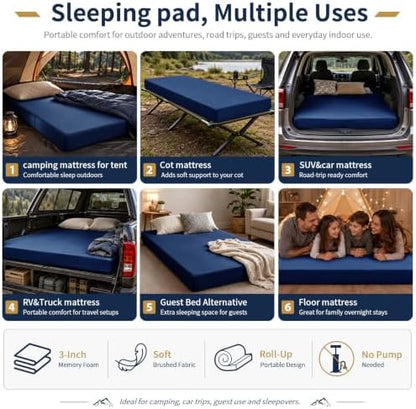 CYMULA Memory Foam Camping Mattress Pad,Sleeping Pad for Camping,Non-Slip Bottom Floor Car Mattress Bed with Retaining Portable Roll up Mattress Pad Mat for Travel Truck Guest Bed Tent