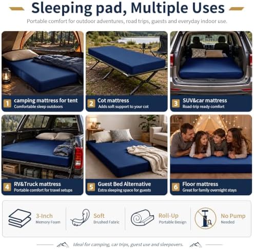 CYMULA Memory Foam Camping Mattress Pad,Sleeping Pad for Camping,Non-Slip Bottom Floor Car Mattress Bed with Retaining Portable Roll up Mattress Pad Mat for Travel Truck Guest Bed Tent