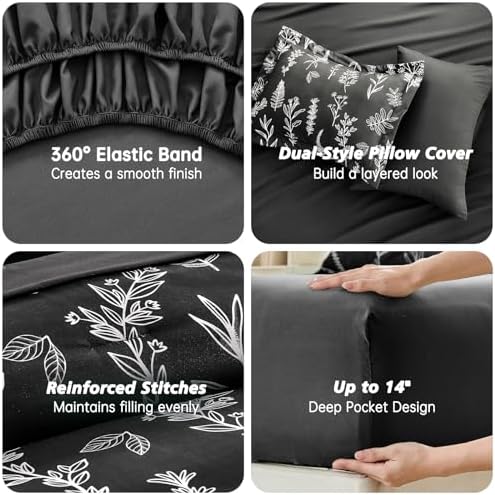 MUXHOMO Black TwinXL Comforter Set, Elegant Floral Print Bed in a Bag 5 Pieces, Ultra Soft & Breathable Reversible Botanical Pattern Bedding Set with Comforter, Sheets, Pillowcase, and Sham