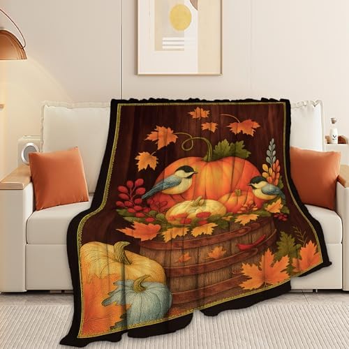 Fall Pumpkin Blanket Super Soft Warm Fluffy Farm Fleece Flannel Farmhouse Autumn Throw Blanket Cozy Fuzzy Plush Thanksgiving Stuff Bedding Blankets Gifts for Women Kids Boys Girls Adults 80"X60"