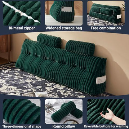Rycwola Faux Fur Headboard Pillow with 2 Pack Neck Roll Pillow Large Headboard Pillow Soft and Supportive with Removable Cover (Green, King)