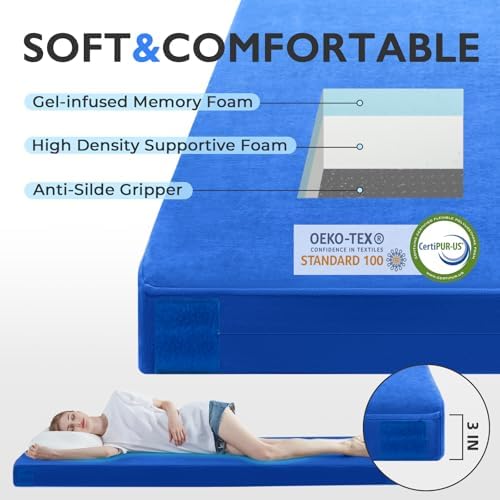 Kingfun 3 Inch CertiPUR-US Memory Foam Camping Mattress Pad, Waterproof Roll up Sleeping Pad, Thick Floor Sleeping Mats for Tent with Removable Travel Bag