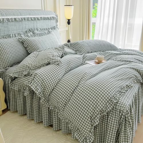 mixinni Vintage Green Gingham Ruffle Comforter Set 3-Piece Washed Cotton Queen Size Grid Bedding Set with Geometric Checkered Pattern, Farmhouse Chic Soft Fluffy Comforter for All-Season