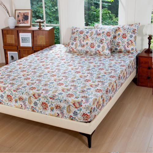 FADFAY Full Ivory 100% Egyptian Cotton Paisley Sheets Set 4 Piece, Vintage Botanical Cottagecore Bedding, Soft Breathable Boho Floral Farmhouse Bedding with Deep Pocket Fitted Sheet for All Seasons