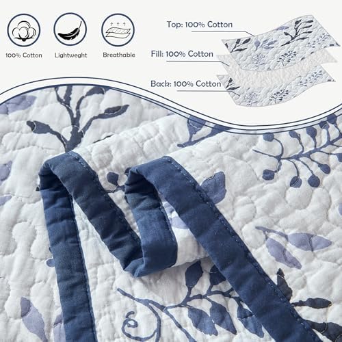 Queen Size Quilt Set - Cotton Floral Quilts Queen, Blue, 90x98