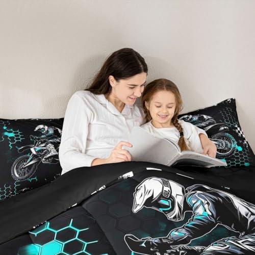 Castle Fairy Motocross Rider Queen Size Comforter Set,Honeycomb Geometric Abstract Teal Duvet Insert for Kids Teens Adults,Extreme Sport Games Bedding Comforters for Bedroom Decor,3 Pcs