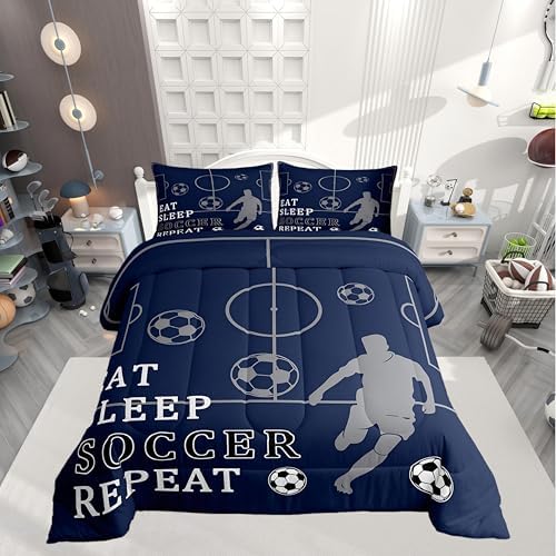 Castle Fairy Soccer Twin Size Comforter Set,Football Field Quilt Set Soft Bed Collection,Ball Games Sport Navy Blue Bedding Comforter for Boys Girls Room Decor,2 Pcs