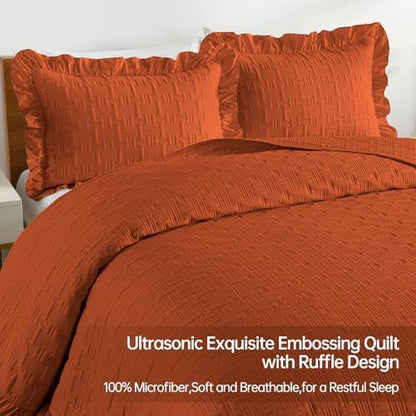 DJY Queen Quilt Set 3 Pieces, Lightweight Ruffled Bedspread, Orange