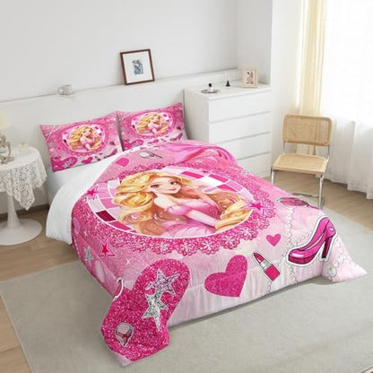 Castle Princess Kids Comforter Set Twin Size,High-heeled Shoes Lip Bowknot Fashion Bedding Set,Girls Women Room Decor,Glitter Stars Sequins Down Comforter,Pink Romantic Duvet Insert,1 Pillowcase