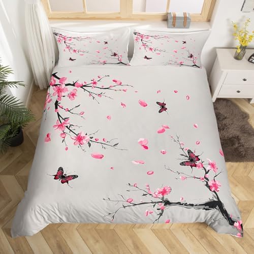 Feelyou Kids Cherry Blossoms Duvet Cover King Size Butterfly Bedding Set Boys Girls Japanese Style Comforter Cover Set Sakura Flower Floral Botanical Spring Bedspread Cover（No Comforter