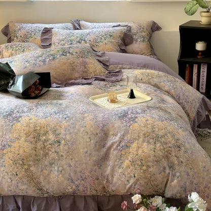 VM VOUGEMARKET Double Gauze Duvet Cover Set Twin Puprle Ruffle with Flower
