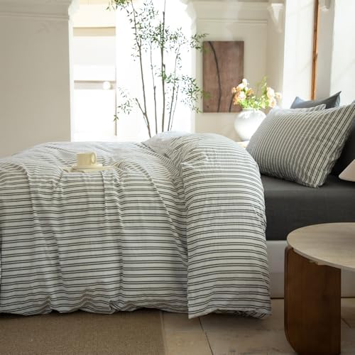 Striped Duvet Cover Set King Size 3 Piece 100% Washed Cotton Linen Feel Bedding Comfy Breathable Modern Farmhouse (King, Double Stripe-White/Black)