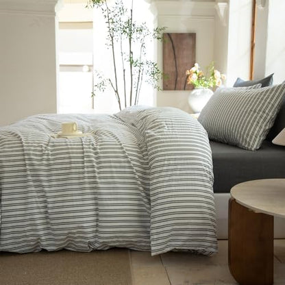 Striped Duvet Cover Set King Size 3 Piece 100% Washed Cotton Linen Feel Bedding Comfy Breathable Modern Farmhouse (King, Double Stripe-White/Black)