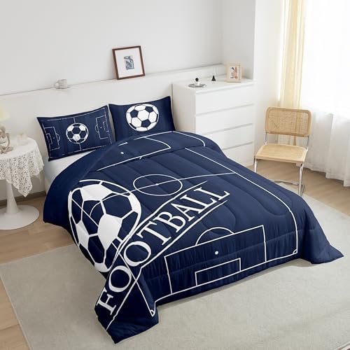 Erosebridal Boys Football King Comforter Set for Kids Child Sports Theme Bedding Set, Ball Gamer Bedding Comforter Sets Navy Blue Reversible Duvet Set, Football Field Quilted Comforter