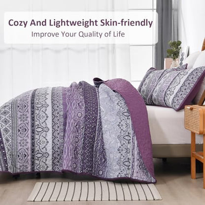 WONGS BEDDING Boho Quilt Queen Size,3 Pieces Purple Bedspread Bedding Set