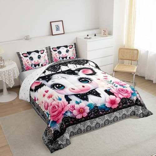 Feelyou Kids Cute Highland Cow Comforter Set King Size Cartoon Highland Cattle Bowknot Bedding Set Boys Girls Flowers Floral Printed Quilt Set Black Lace Pattern Bed Set