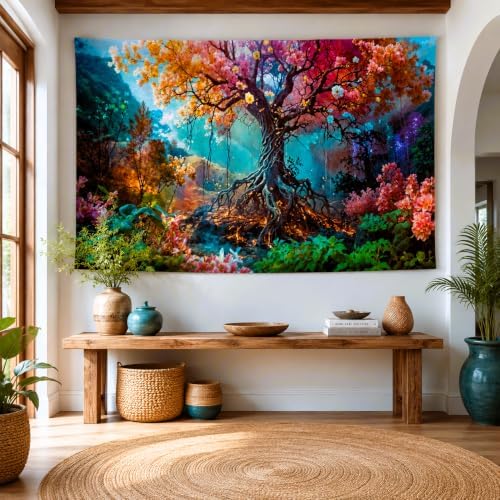 Delur Forest Tapestry Tree of Life Fantasy Tropical Rainforest Tapestry Wall Hanging Colorful Nature Mystical Landscape Psychedelic Spiritual Headboard for Bedroom Living Room Home Decor (70.8" x 92.5")