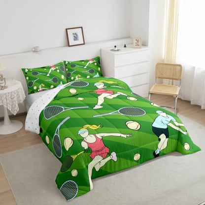 Castle Fairy Tennis Comforter Set Toddler Size for Kids Abstract Cartoon Athlete Bedding Sets All Season Tennis Racket Balls Quilt Set Bedroom Decor Green Geometric Stripes Down Comforter,2Pcs