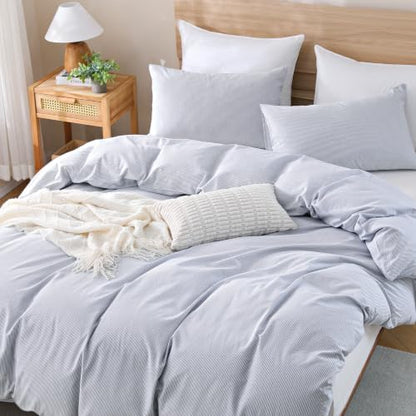 TOCOMOA Blue Striped Duvet Cover Set 100% Washed Cotton Like Linen, Queen