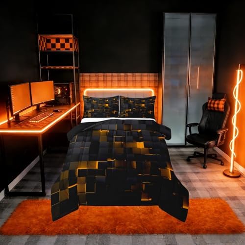 Erosebridal Black and Orange Comforter Set Twin Neon Geometric Checkered Bedding Set for Kids Boys Adults Men,Stereoscopic Grid Plaid Comforter Glowing Square Bed Duvet Set 2 Pcs