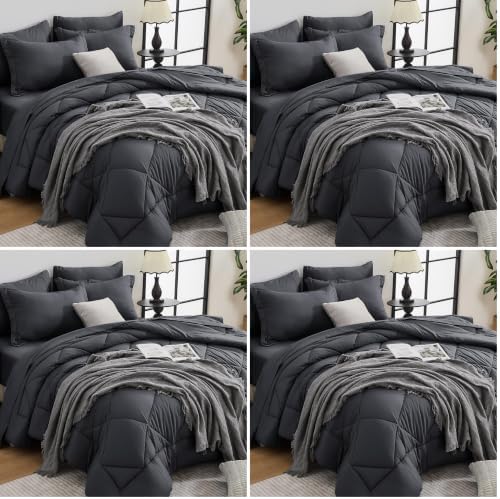 HEVUMYI 7 Pieces Queen Comforter Set, All Season Reversible Bed in a Bag, Ultra Soft Queen Bedding Set with Grey Comforter, Flat Sheet, Fitted Sheet, Pillowcases, Pillow Shams, Dark Grey (Pack of 4)