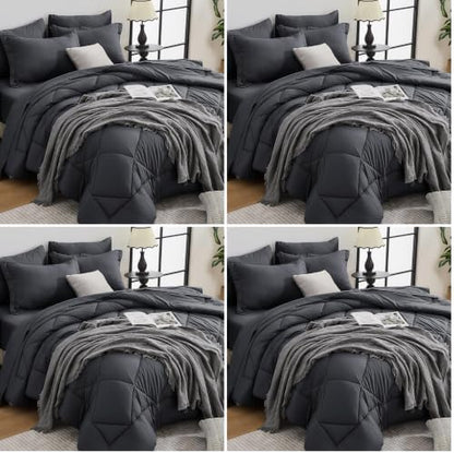HEVUMYI 7 Pieces Queen Comforter Set, All Season Reversible Bed in a Bag, Ultra Soft Queen Bedding Set with Grey Comforter, Flat Sheet, Fitted Sheet, Pillowcases, Pillow Shams, Dark Grey (Pack of 4)