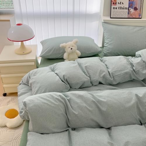 mixinni Green Striped Duvet Cover Twin Size - 100% Washed Cotton Pinstripe Comforter Cover with Zipper Closure, Lightweight & Breathable, 3 Pieces Minimalist Stripes Pattern Printed Bedding Set
