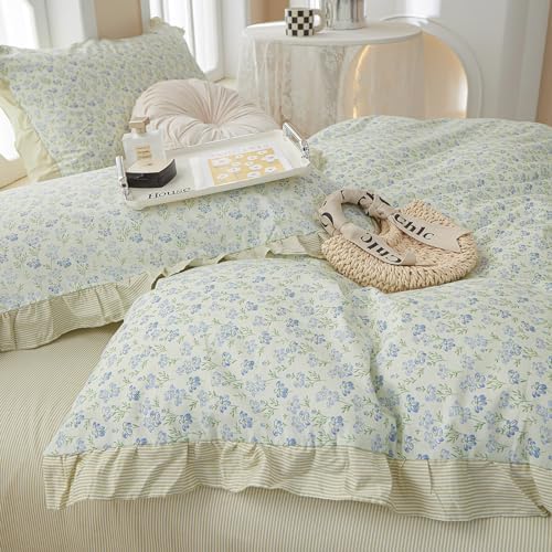 LifeTB Green Floral Comforter Set Twin XL Romantic Ruffled Comforter Blue Flower Bedding Comforter Set Soft Microfiber Floral Bedding Set Lightweight Fluffy Vintage Botanical Comforter for All-Season
