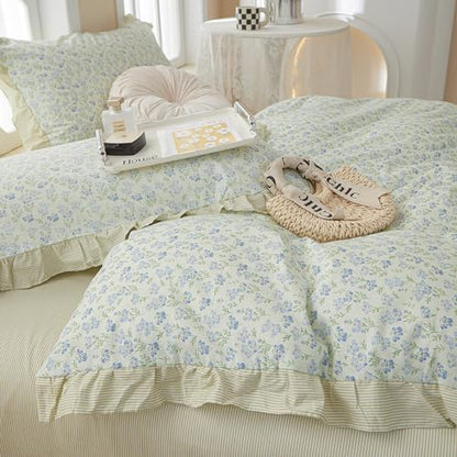 Green Ruffle Comforter Set Full Size Girls Blue Flowers Comforter Fluffy Soft Vintage Floral Bedding Set Cottagecore Botanical Floral Comforter Set with 2 Ruffle Lace Pillowcases for All Seasons