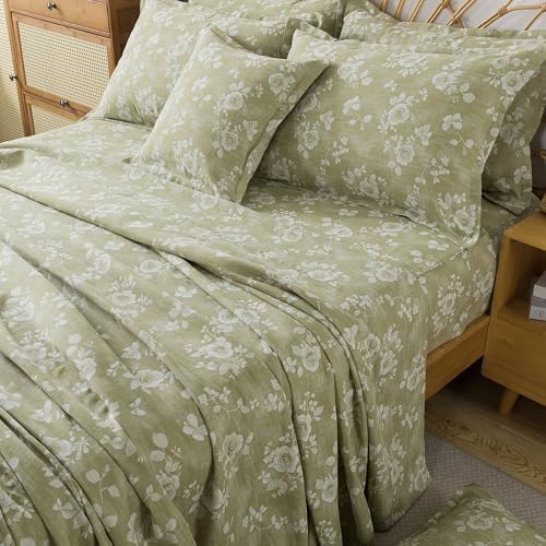 FADFAY Sage Green Sheets Set King 100% Cotton Washed Double Gauze Muslin Bedding 4Pcs Vintage Rose Floral Sheets Shabby Cottagecore Bedding Super Soft & Breathable Deep Pocket Fitted Sheet, King Size
