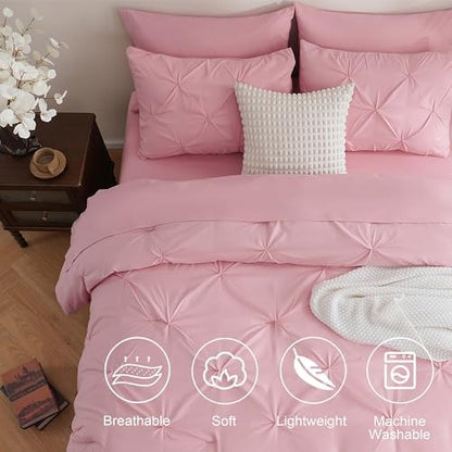 DOWNCOOL Queen Comforter Set, 7 Pieces Pink Pintuck Bed in a Bag