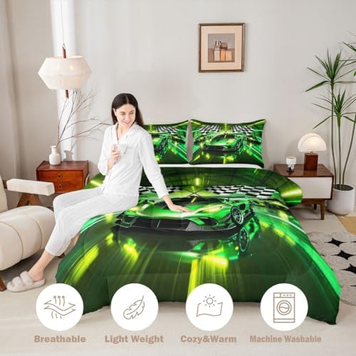 Feelyou Boys Sports Car Kids Comforter Set Queen Size Speed Race Car Bedding Set Racing Extreme Sports Duvet Quilt for Kids Boys Girls Bedroom Automobile Decor Microfiber Ultra Soft Breathable