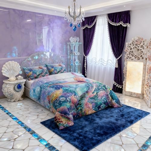 Mermaid Comforter Set Full Size 3 Piece Colorful Mermaid Tail Pattern Bedding Set for Girls Kids Home Decor,Ocean Animal Reversible All Season Quilt Underwater World Theme Duvet with 2 Pillowcases