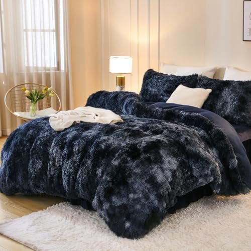 Andency Tie-Dyed Black Blue King Size Comforter Set, Fluffy Bedding Set