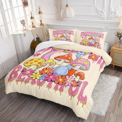 Axolotl Cartoon Mushroom Comforter Set King,Colorful Mushrooms Girls Bedding Set,3 Piece Cute Mushroom Bedding,Red Pink Floral Flower Comforter for Kids Boys Girls Teens,1 Quilt 2 Pillowcases