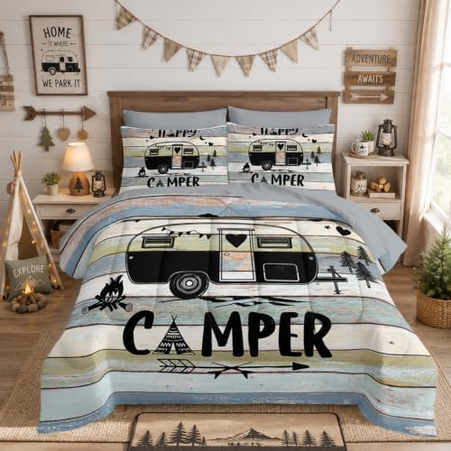 HOSIMA 7Pcs Vintage Camping Travel Trailer Printed King Bedding Set.