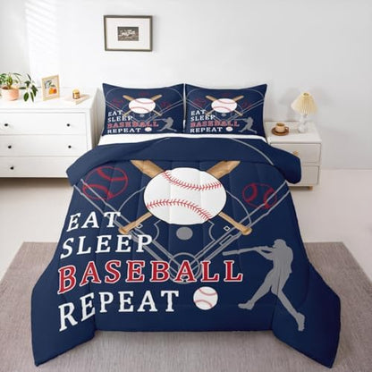 Castle Fairy Kids Baseball Gaming Twin Size Comforter Set,Softball Navy Blue Duvet Set Soft Bed Collection,Ball Games Sport Theme Bedding Comforter for Boys Girls Bedroom,2 Pcs