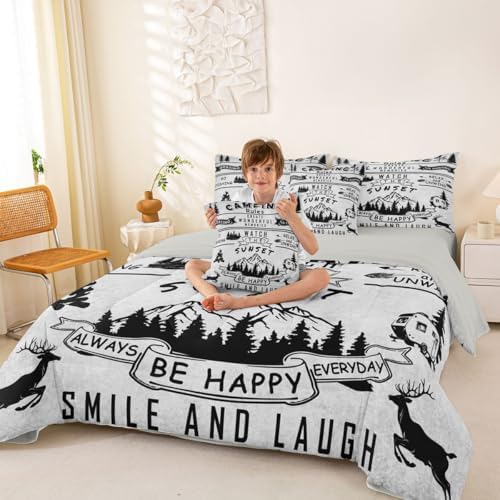 Erosebridal Happy Camping 7 Piece Bed in A Bag Twin Comforter Set Camping Rules Bedding Set for Boys Girls Kids Fishing and Hunting Thme Sheet Set with Comforter Deer Wildlife Woodland Camper Quilt
