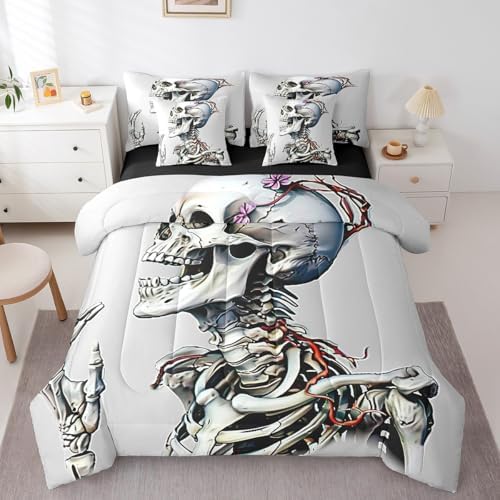 Erosebridal 7Pcs White Skull Comforter Set King Size,Death Bones Skeleton Bedding Set,Horror Spooky Floral Bed in A Bag,Halloween Decor Sheet Set with Comforter