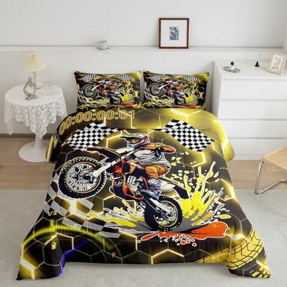 Racing Motorcycle Comforter Set Queen Yellow Neon Lights Honeycomb Bedding Set Dirt Bike Motocross Quilt Glitter Geometric Hexagon Beehive Duvet Insert,Black White Grid Lattice Buffalo Plaid Decor
