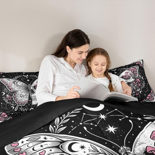 Butterfly Skull Full Size Comforter Set,Pink Wild Mushroom Skeleton Bedding Comforters Bedroom Collection,Starry Galaxy Moon Duvet Insert,Vintage Gothic Room Decor 3 Pcs Bedding Set for Girls Teens