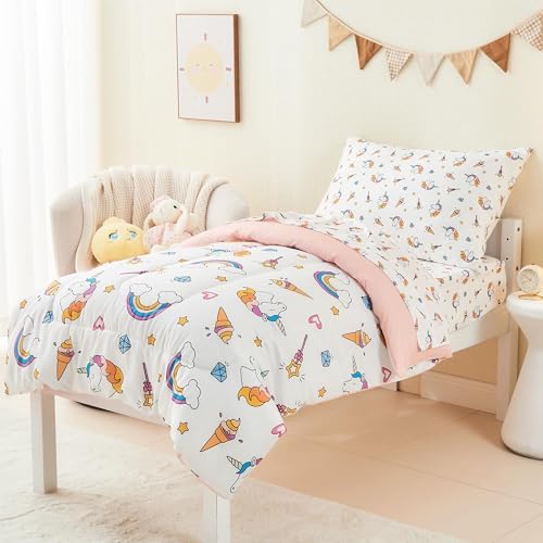 Mooreeke 4 Pieces Toddler Bedding Set - Soft Unicorn Rainbow Toddler Comforter Sets for Girls, Includes Quilted Comforter, Flat Sheet, Fitted Sheet and Pillowcase, Bed in A Bag for Baby Bedroom