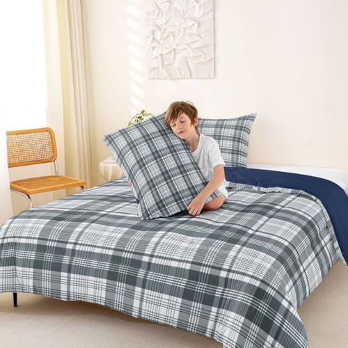 Manfei Blue Grey Plaid Comforter Set Full Size,Geometric Line Grid Bedding Set 3pcs,Classic Homestead-Style Down Comforter for All Season,Kids Boys Girls Room Decor,2 Pillowcases,No Sheets
