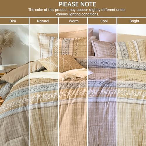 Dintszyayue Khaki Queen Comforter Size Set, 8 Pieces Striped Boho Texture Bed in a Bag Sets, Lightweight Soft Bohemian Comforter and Sheet Set, All Season Microfiber Bedding Sets for Men Women