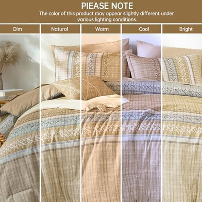Dintszyayue Khaki Queen Comforter Size Set, 8 Pieces Striped Boho Texture Bed in a Bag Sets, Lightweight Soft Bohemian Comforter and Sheet Set, All Season Microfiber Bedding Sets for Men Women