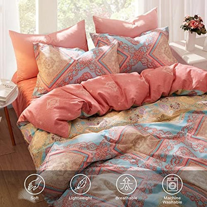 SAPHREAS Twin Size Bohemian Duvet Cover Set 2pcs Pink Cotton Boho Bedding Comforter Cover Set Blue 1 Duvet Cover 1 Pillow Sham
