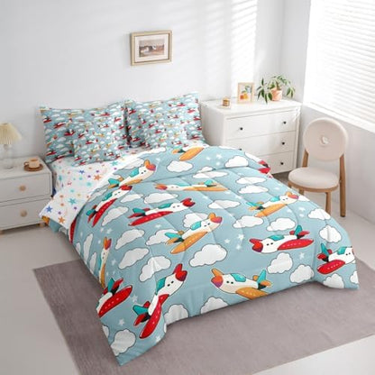 Erosebridal Cartoon Airplane King Size Comforter Set with Sheets for Kids, Cute Aircraft 7 Pcs Bedding Set for Boys Girls Child Teens Adults Bedroom, White Cloud Bed in A Bag, Star Print Bed Sets
