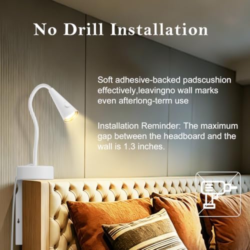 Headboard Reading Light, White Bedside Lamp, No-Drill Book Light for Bedtime Reading, Dimmable LED, Flexible Gooseneck, 360°Adjustable, Plug-in Reading Lamp Movable-1 Pack