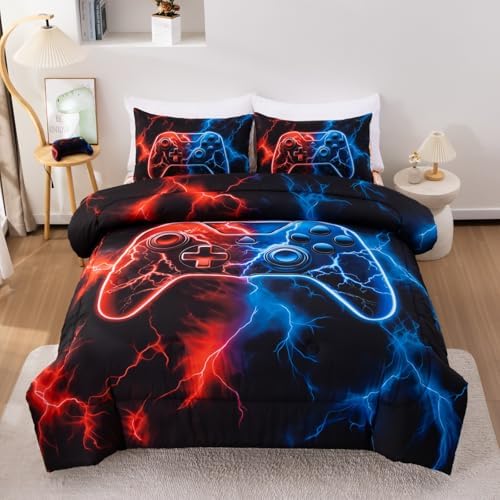 Meeting Story Gaming Bedding Set Queen Size Green Game Console Kids Bed in A Bag 3D Black Gamer Comforter Set for Boys Teen(RedBlue)